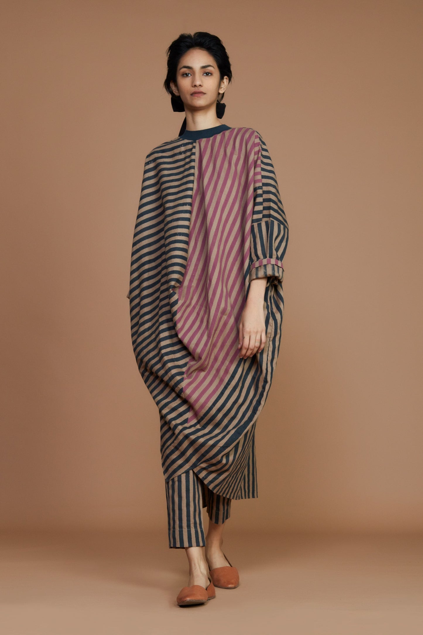 Ribbed Cowl Tunic Striped Brown Dress