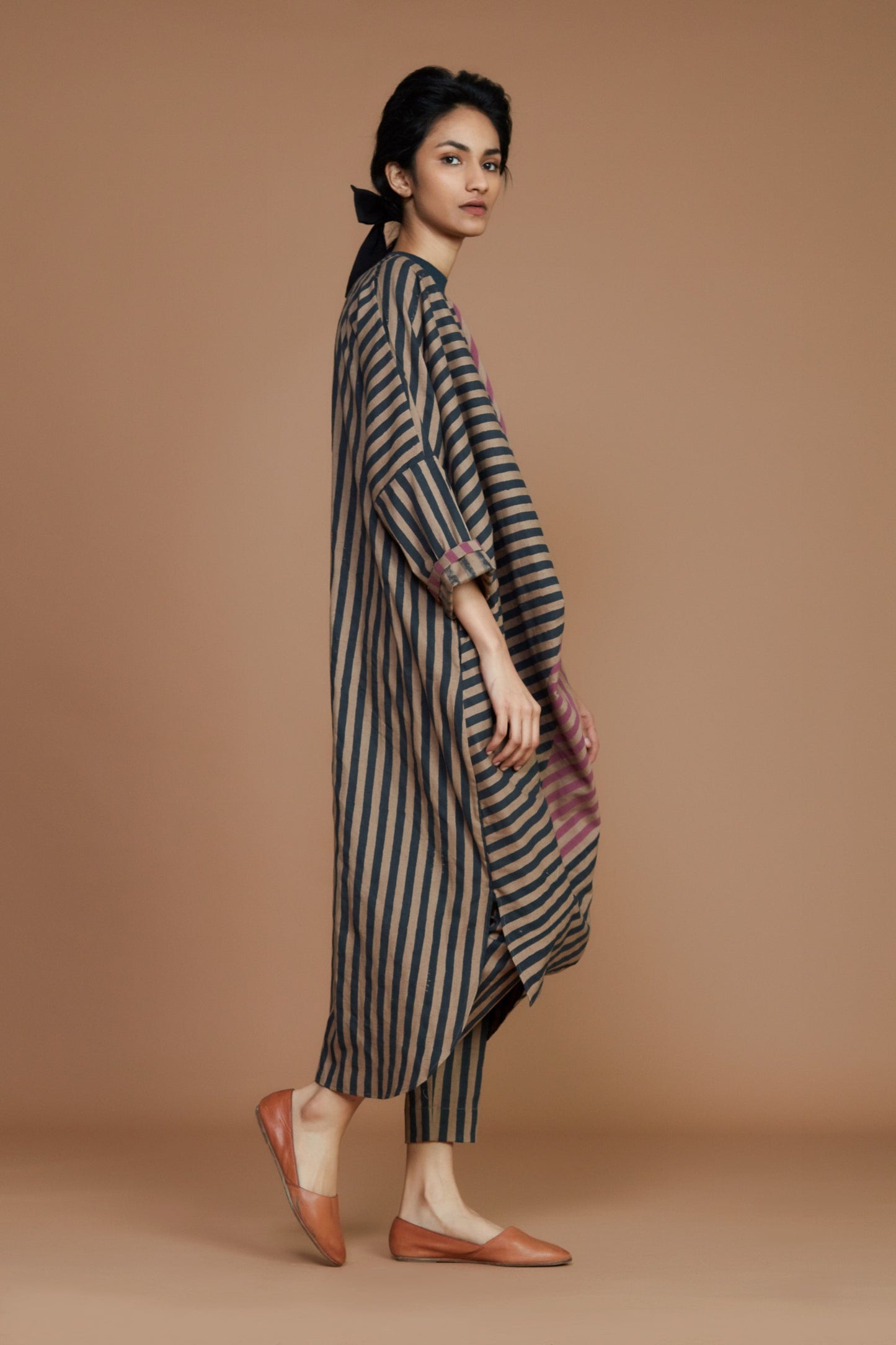 Ribbed Cowl Tunic Striped Brown Dress