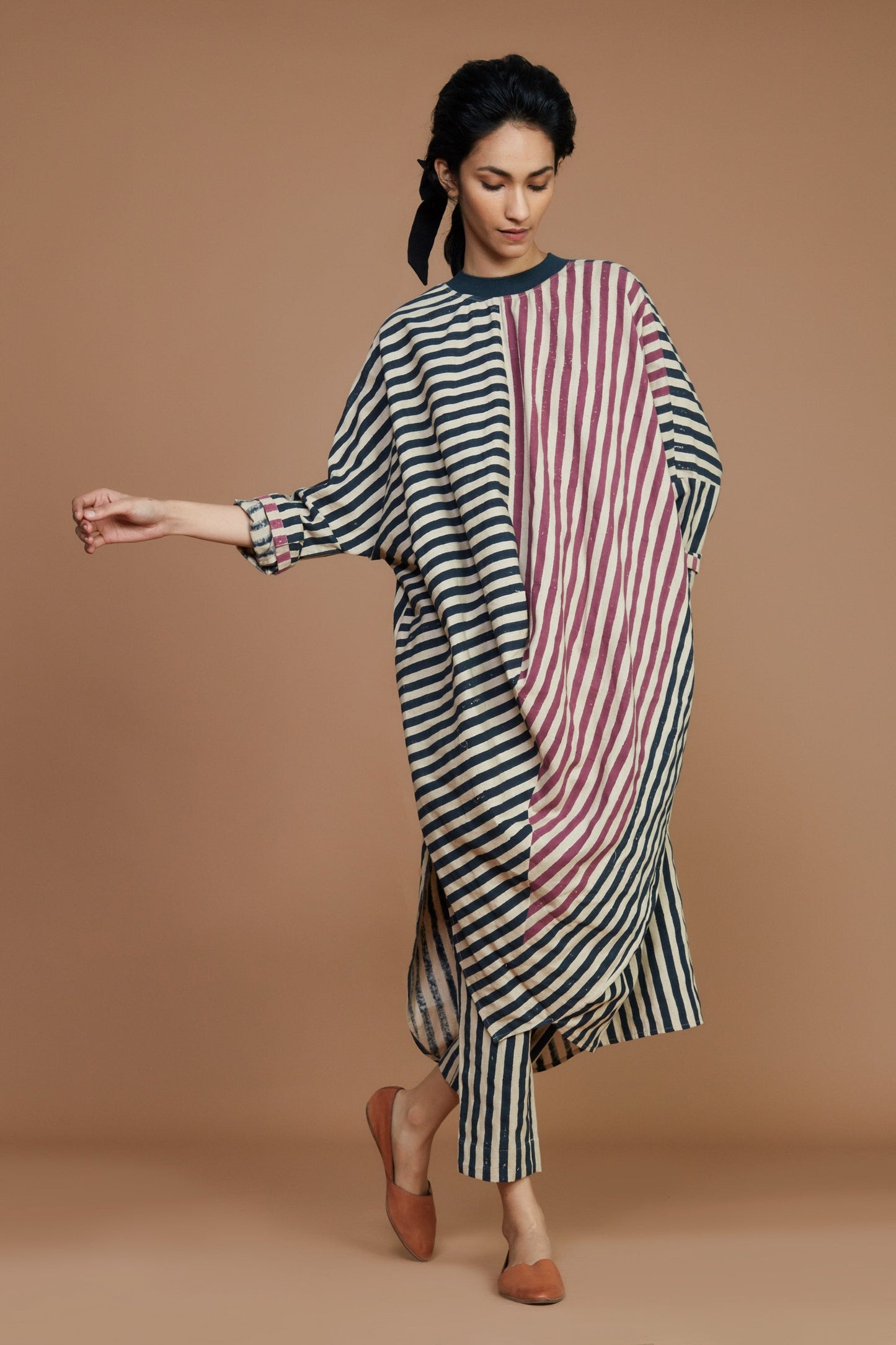 Ribbed Cowl Tunic Striped Ivory Dress