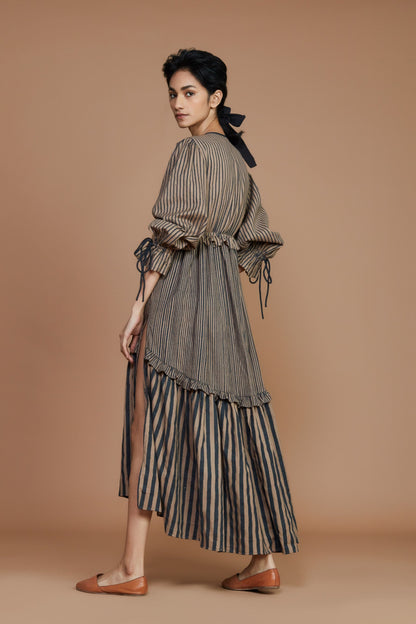 Tiered Frill Brown Striped Dress