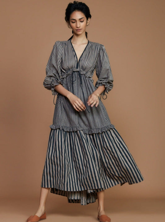 Tiered Frill Grey Striped Dress