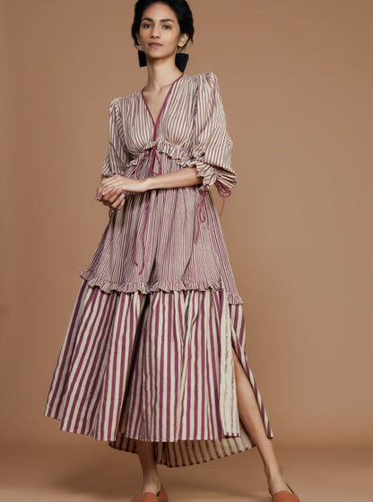 Tiered Frill Mauve Striped Dress