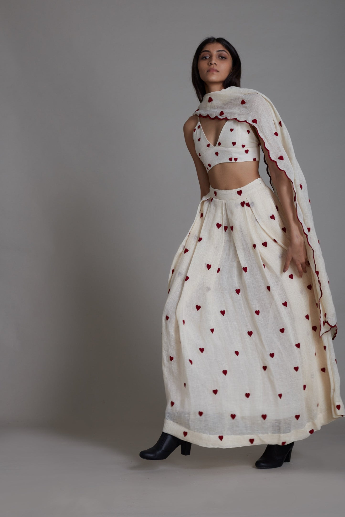 Heart Lehenga Set-Oatmeal