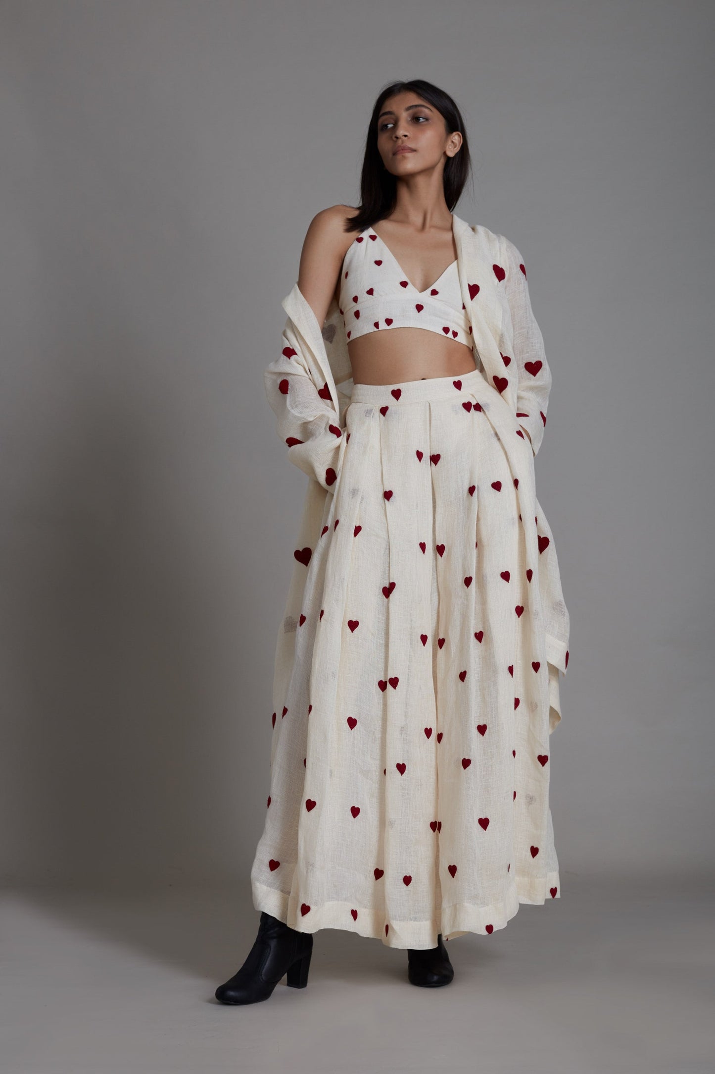 Heart Lehenga Set-Oatmeal