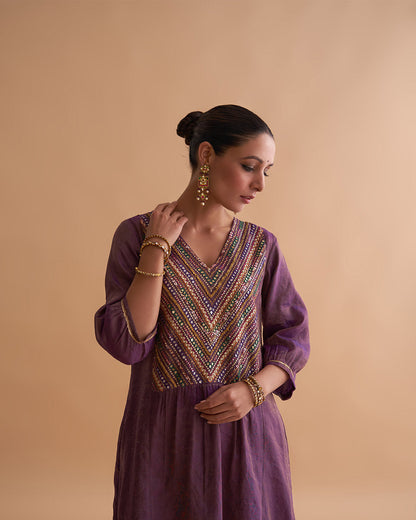 Deep Purple Silk Tissue Chanderi Ensemble with Handwork & Odhani