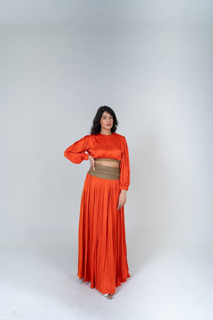 Orange Skirt Set with Color-Blocked Braids