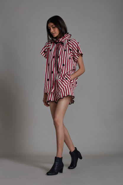 Stripe Tora Shirt and Scallop Shorts Set-Red with Black Spade (2 PCS)