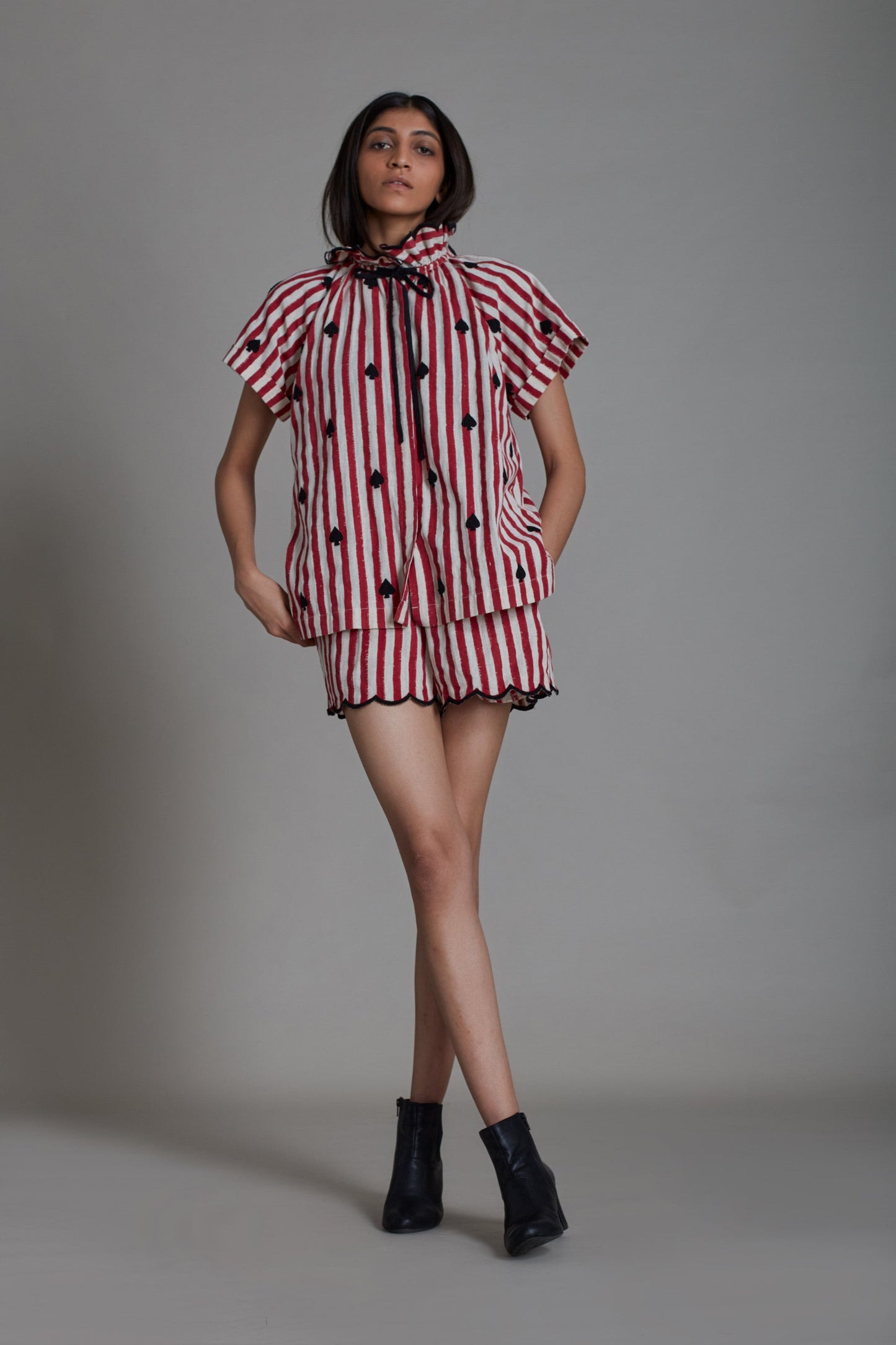 Stripe Tora Shirt and Scallop Shorts Set-Red with Black Spade (2 PCS)