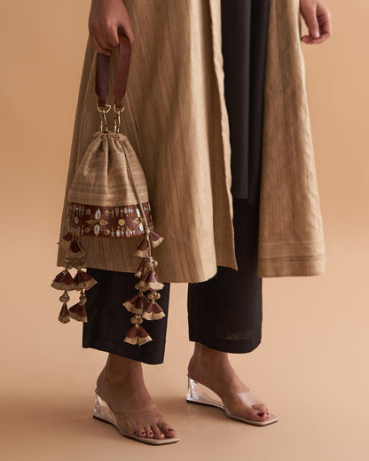 The Veda Potli Bag - Beige Kosa Silk & Leather with Zardozi & Handmade Tassel Bunches