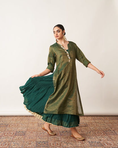 The Bottle Green Silk Tissue Chanderi Kalidaar Ensemble