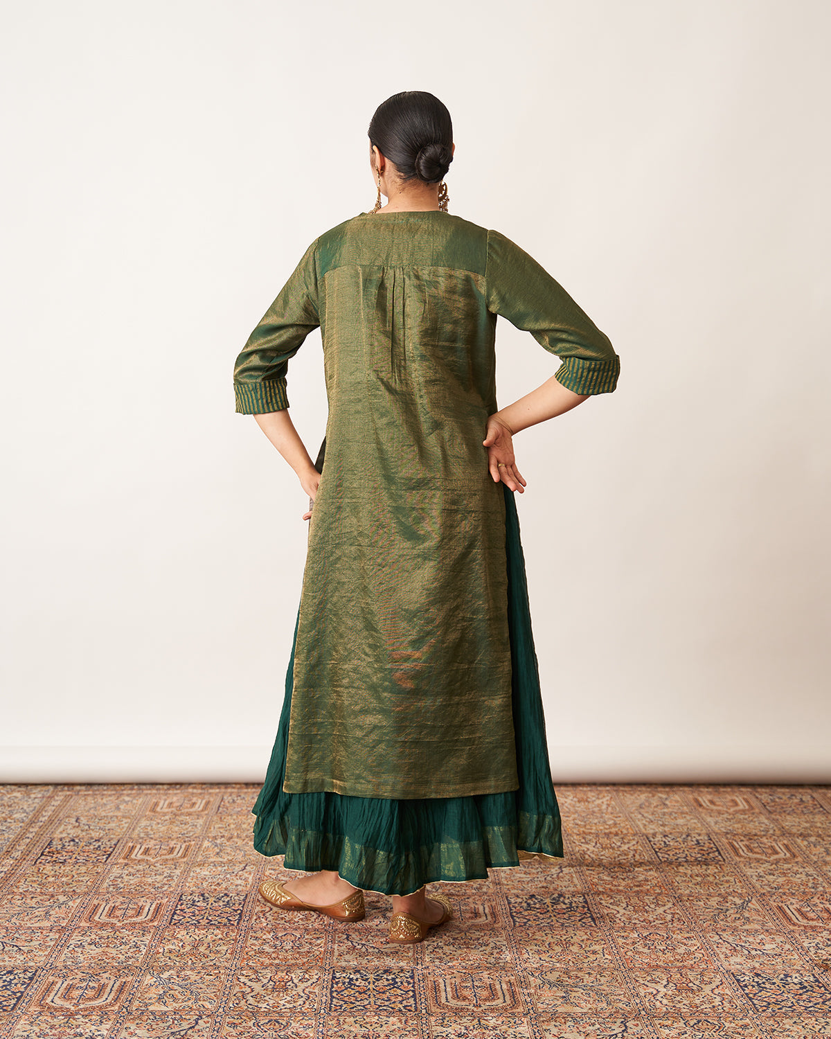 The Bottle Green Silk Tissue Chanderi Kalidaar Ensemble