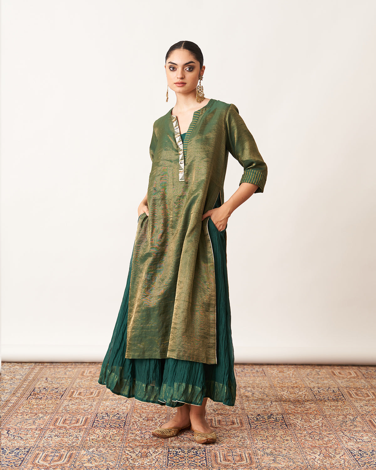 The Bottle Green Silk Tissue Chanderi Kalidaar Ensemble