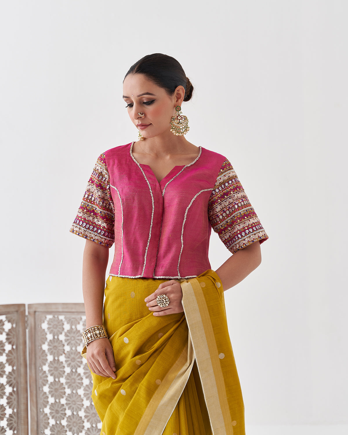 The Gulabi Silk Tissue Chanderi Blouse with Gota Zari Handwork