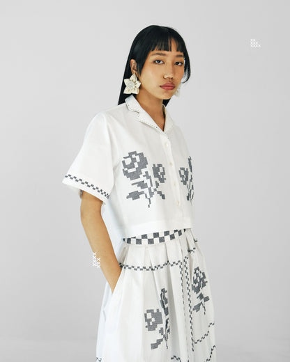 White Cross Stitch Embroidery Cotton Skirt Top Set of 2