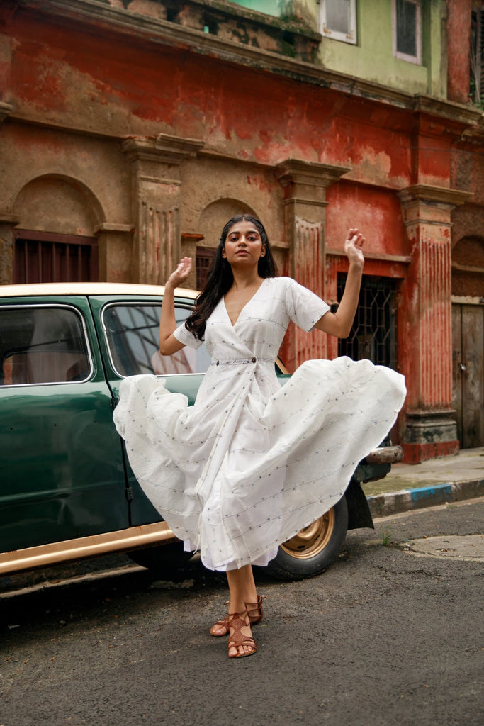 White Jamdani Wrap Dress