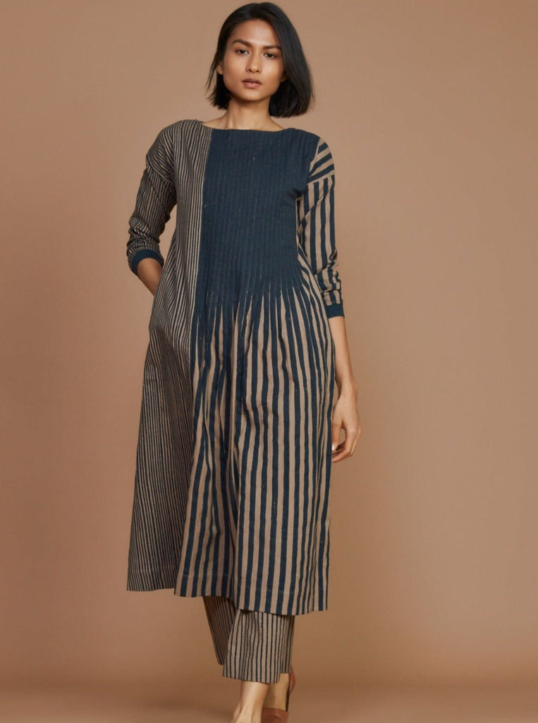 Brown with Charcoal Striped Pleated Dress