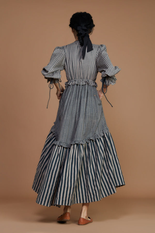 Tiered Frill Grey Striped Dress