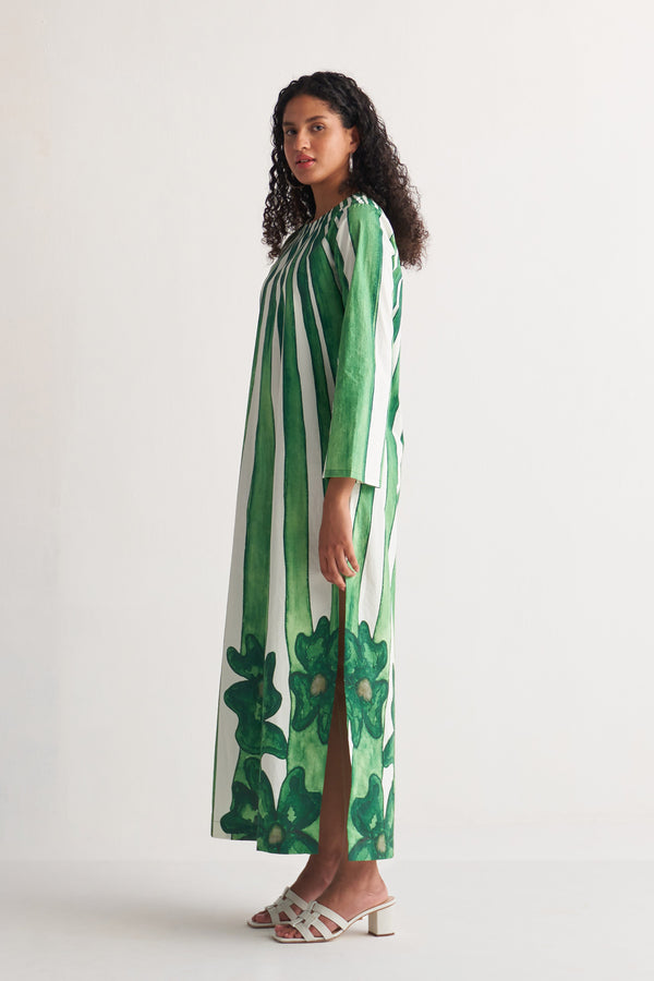 Green Stripe Floweret Maxi Dress