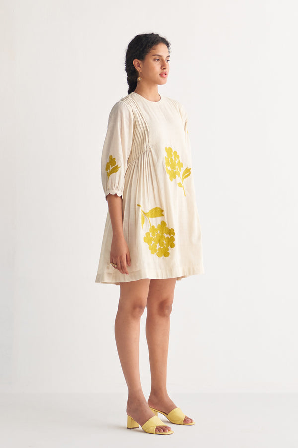 Canary Yellow Pintuck Cross-stitch bunch Off-White Dress
