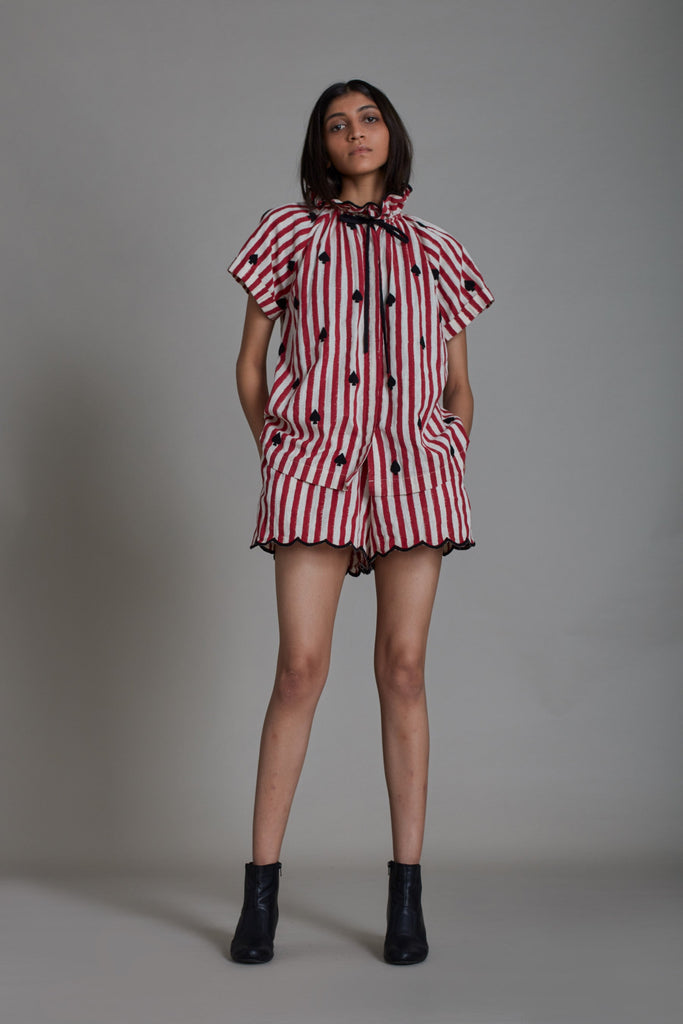 Stripe Tora Shirt and Scallop Shorts Set-Red with Black Spade (2 PCS)